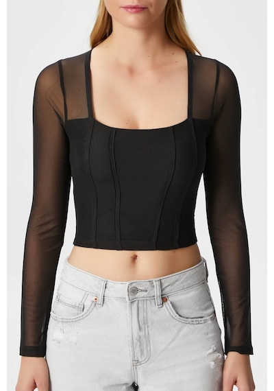 Ritnice Kadın Alina Korse Görünümlü Siyah Tül Crop Bluz