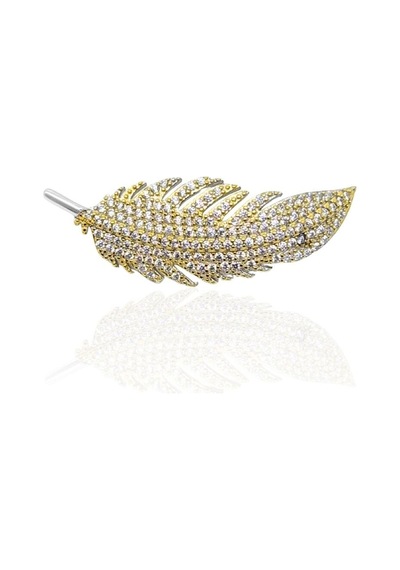 Oya Silver 24k Altın Kaplama Taşlı Gümüş Tüy Broş 3.5x1.3cm Kst1