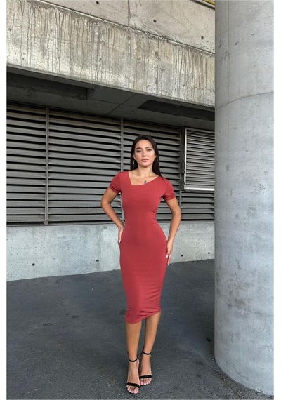 DefyModa Kadın Sandy Kumaş Balık Kesim Midi Abiye Elbise Kiremit