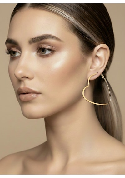 Kalp Model Halka Gold Renk Çelik Küpe 6cm Altın