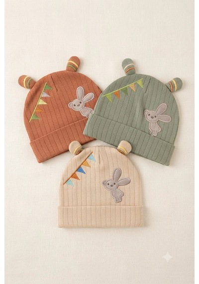 Organik Pamuklu, Yumuşak Dokulu, Ribanalı Tavşan Model 3 Lü Set Unisex Bebek Şapkası Kiremit-yeşil-krem