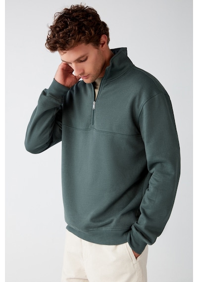 Grımelange Frame Erkek Yarım Fermuarlı Dik Yakalı Yumuşacık Kumaşlı Polarlı Regular Yeşil Sweatshirt