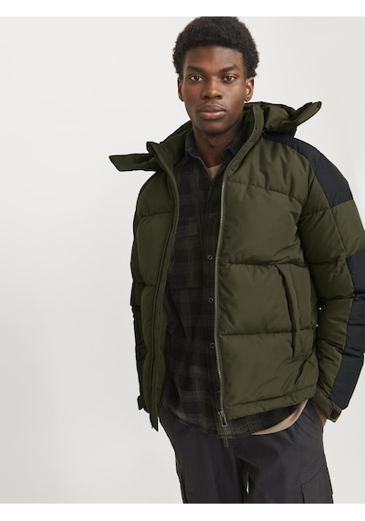 Jack & Jones Erkek Rüzgara Dayanıklı Kapüşonlu Puffer Mont - Aero Forest Night