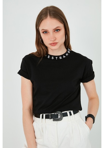 Lela Yakası Baskılı Bisiklet Yaka Basic Örme Bayan T Shirt 5864054 Siyah