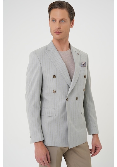 Efor Slim Fit Çift Yırtmaç Çizgili Kruvaze Casual Gri Ceket C 704 Gri