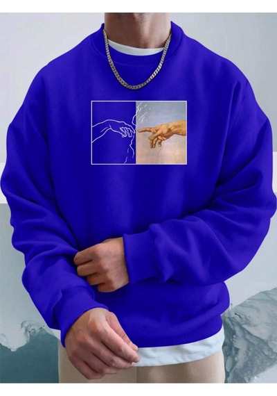 Startmore Mavi Unisex Kadın/erkek Hands Renkli Oversize Bisiklet Yaka Pamuklu