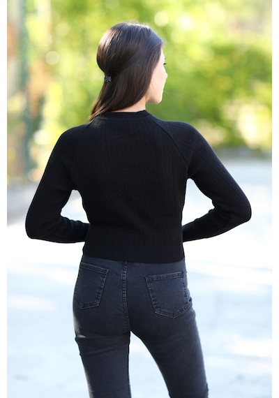 Giysa Kadın Siyah Fitilli Crop Triko Kazak Kısa Model Akrilik Kumaş Ribanalı - 3122 Siyah