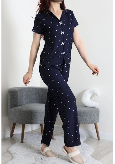Genel Gömlek Yaka, Kısa Kollu Alt-üst Kadın Pijama Takımı Siyah Ve Beyaz