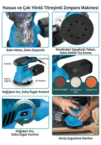 Steiner 700w 6 Kademe Devir Ayarlı 125mm Toz Toplama Sistemli Eksantrik Zımpara Makinesi Mavi