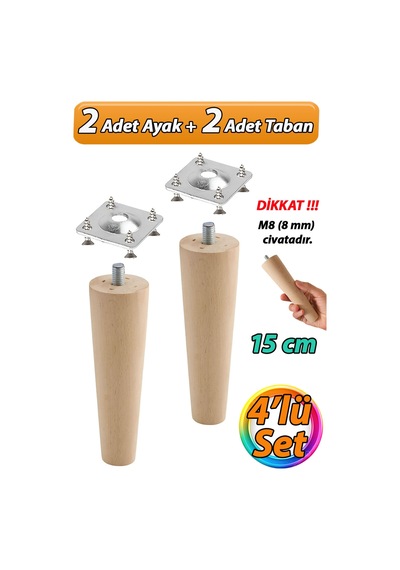 Ahşap Ayak 15 Cm 4'lü Set M8 Civatalı Bağlantı Aparatlı Dolap Mobilya Koltuk Kanepe Destek Ayağı Aya Diğer