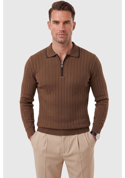 Deepsea Erkek Slim Fit Tüylenmeyen Çizgi Dokulu Kahve Triko Kazak Fermuarlı Polo Yaka 2700401 Deepsea Erkek Slim Fit Tüylenmeyen Çizgi Dokulu Kahve Triko Kazak Fermuarlı Polo Yaka 2700401