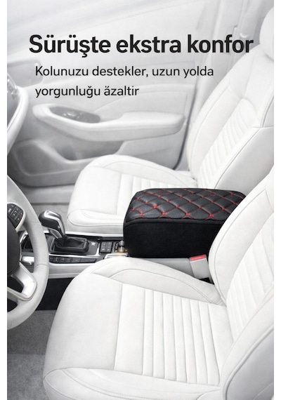 Lüks Oto Kolçak Kol Dayama Koltuk Arası Organizer Cepli Vidasız Montaj Siyah Deri Kırmızı Dikiş
