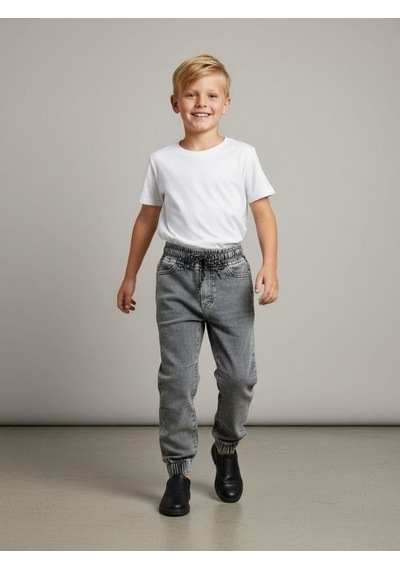 Zekids Erkek Çocuk Yumuşak Dokulu Beli Paçası Lastikli Kot Pantolon-16661 Mavi