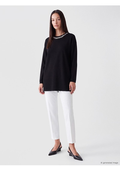 Lcw Everyday Siyah Soft Touch Taşlı Oversize Kadın Sweatshirt Tunik