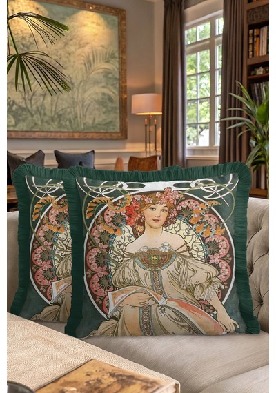 Art Nouveau Saçaklı Yastık Kılıfı - Romantik Kadın Figürü Bohem Yeşil Püsküllü Kırlent Kılıfı Çok Renkli