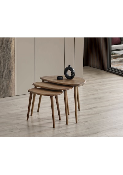 Masif Doğal Ahşap Zigon Sehpa 3'lü Set, Modern Ceviz Yan Sehpa
