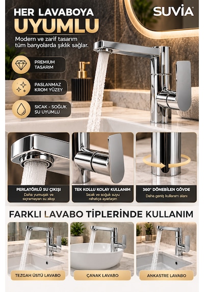 Lavabo Bataryası Krom Tek Kollu Döner Borulu Sıcak Soğuk Musluk