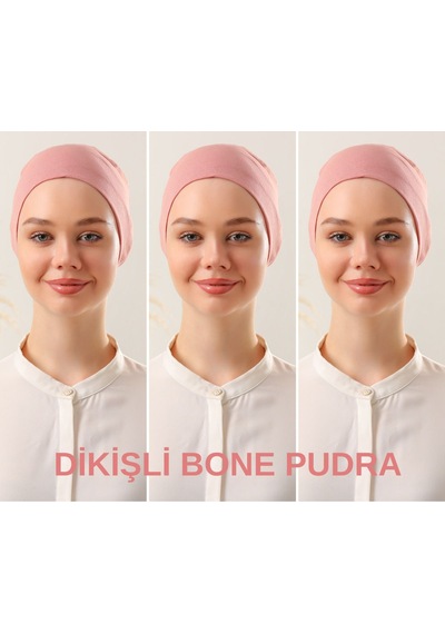 Melodi Scarf Kadın Tesettür Dikişli Set Bone Pudra 3 Adet Bağlamalı Penye Bone Pudra