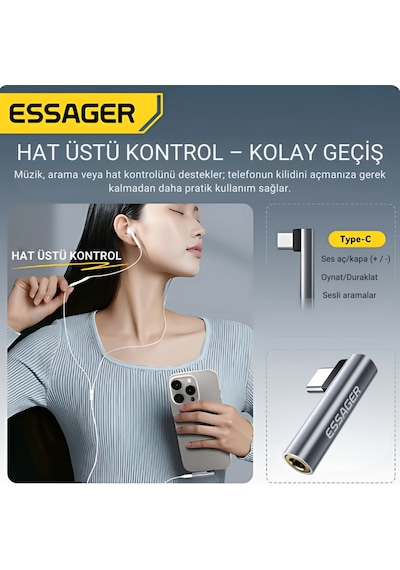 Essager L Tip Type-c To 3.5mm Ses Ve Kulaklık Çıkışı, Hifi Ses Destekli, Telefon, Tablet, Pc Uyumlu Gri