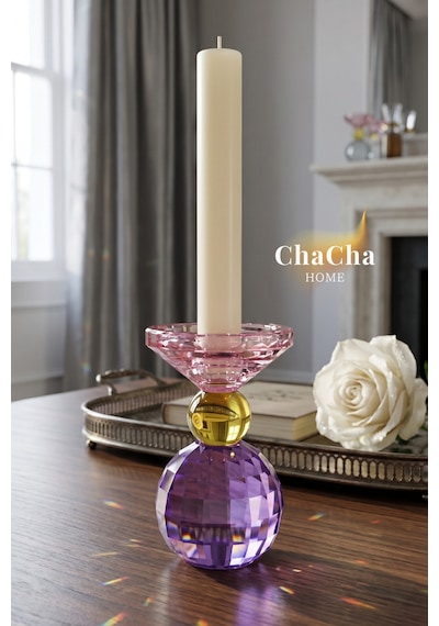 Chacha Home Crsyball Renkli Kristal Mumluk - Dekoratif Cam Şamdan- Küçük Boy - 15x25 Cm Çok Renkli
