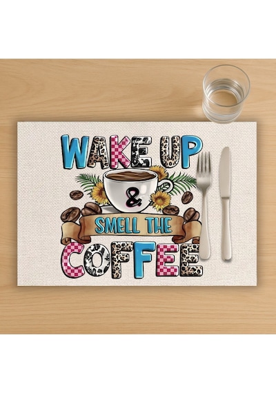 Wake Up Coffee Tasarımlı Amerikan Servis, Tabak Altlığı & Şık Masa Dekoru, Ev Hediyesi, 2 Adet Krem