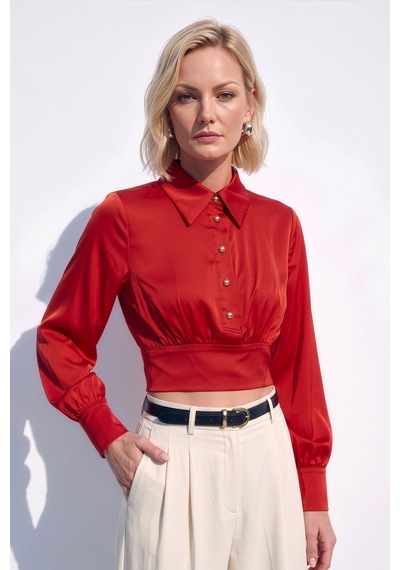 Sateen Düğme Detaylı Saten Bluz - Kırmızı-137517