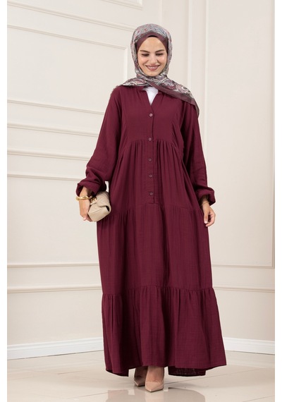 Sevitli Müslin Kumaş Robalı İvana Elbise-bordo-5808