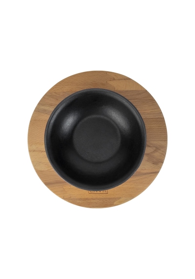 Lava Döküm Yuvarlak Çorba Kasesi Ve Kayın Servis Ahşabı. Çap Ø 14cm. Bordo
