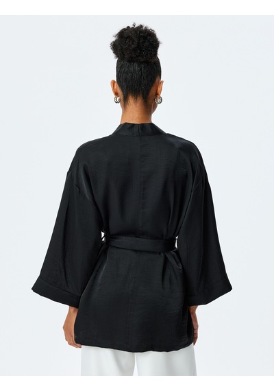 Koton Viskon Bol Kalıp Uzun Geniş Kollu Kemerli Şal Yaka Kimono Siyah 5sak50108uw Siyah