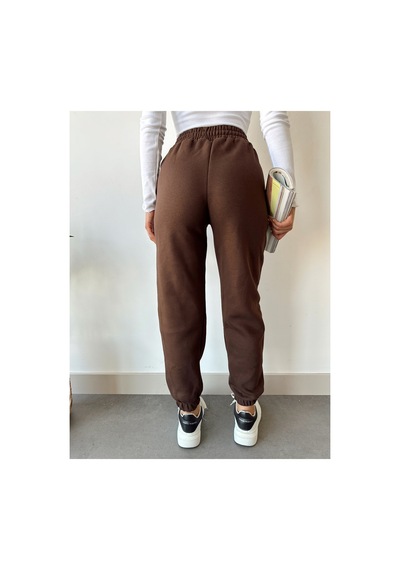Gugus Trend Kadın Kışlık Kalın İçi Polarlı Yüksek Bel Paçası Lastikli Basic Jogger Eşofman Altı Kahverengi