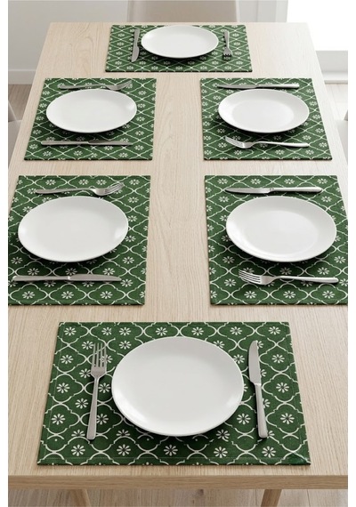 Yeşil Çiçekli Amerikan Servis 6'lı Set Leke Tutmaz Dikdörtgen Kumaş Supla Tabak Altlığı 35x45