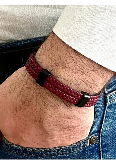 Bordo Renk %100 Deri 2li Kombin Erkek Bileklik 21 Cm Türk El Üretimi Bordo