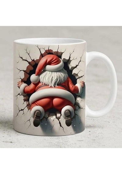 Komik Noel Baba 3d Tasarım Kupa Ön & Arka Farklı Görünümlü Bardak Beyaz