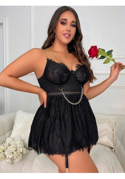 New Dreams Modern Şık Elegant Tasarım Dikkat Çekici Dantelli Siyah Etekli Jartiyer Gecelik Siyah