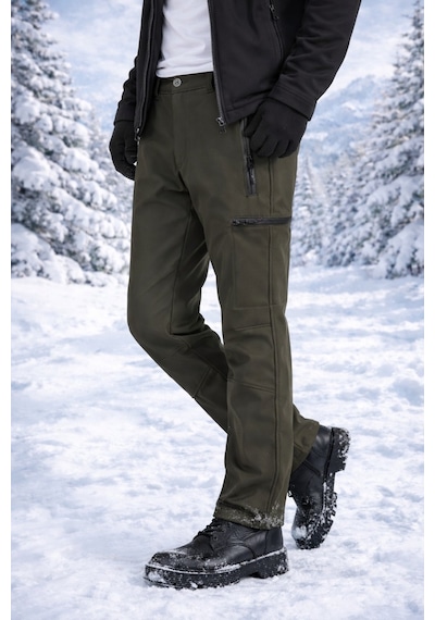Vatan Tekstil İçi Polarlı Kışlık İthal Softshell Rüzgar Geçirmez Su İtici Kumaş Erkek Pantolon Haki