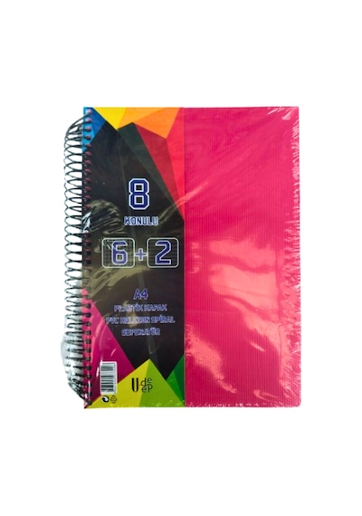 A4 Boy 6+2 Ayraçlı Defter Dersane Defteri 6 Kareli 2 Çizgili 200 Yaprak 8 Bölümlü Udep - Kırmızı