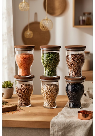Snippy Box - 6 Lı Ahşap Vakumlu Kapaklı Cam Saklama Kabı Baharatlık 500 Ml Erzak Saklama Kabı Seti Kahverengi