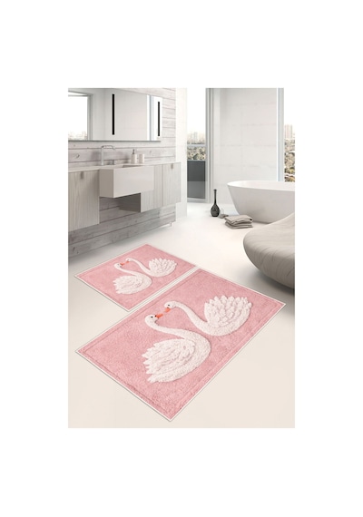 Kuğu Desenli Dijital Baskılı Yıkanabilir 2li Banyo Paspası 50x60-60x100 Pembe
