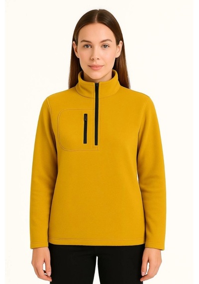 Efnaz Style Polar Kazak Dik Yaka, Yarım Fermuarlı, Fermuarlı Göğüs Cepli, Siyah Biyeli, Kışlık Rahat Regular Fit Günlük Model - Sarı