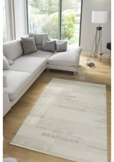 Beyaz Gri Polyester Halı Saçaklı Tozumaz Salon Oturma Çocuk Odası Yolluk A. Gri