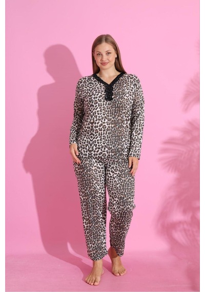 Eyfuze Kadın Büyük Beden Desenli Yakası Düğmeli Uzun Kollu Bambu Pijama Takımı Kahverengi Eyfuze Kadın Büyük Beden Desenli Yakası Düğmeli Uzun Kollu Bambu Pijama Takımı Kahverengi