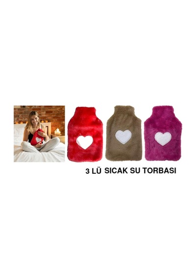 Sıcak Su Torbası 3 Adet,peluş Kalpli,termofor 26x17x2cm 1 Litre Pembe-koyu Pembe-bej