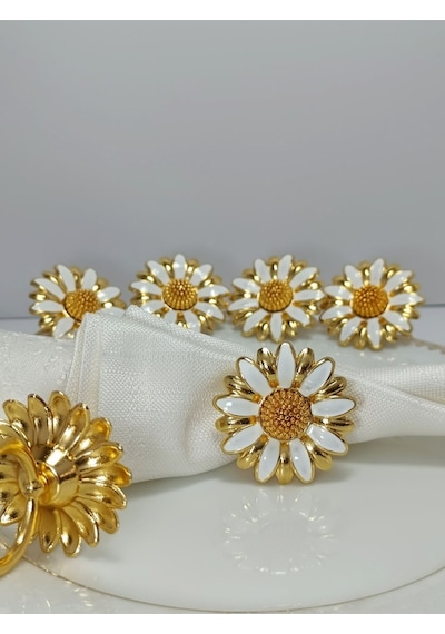 Parıltı Home Collection 6'lı Papatya Beyaz Mineli Gold Halka Peçete Yüzüğü Gold Beyaz