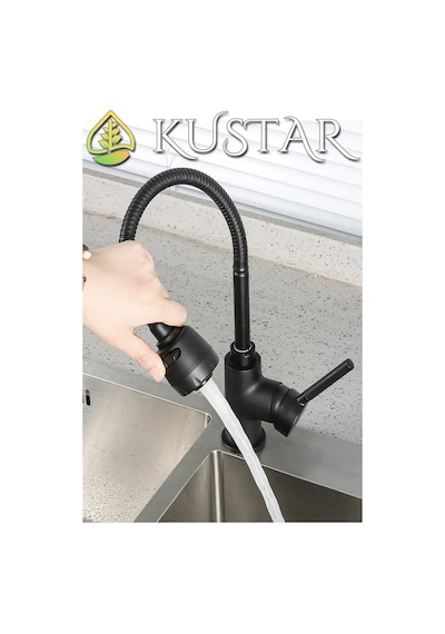 Kustar 2 Fonksiyonlu Spiralli 360 Derece Döner Borulu Tam Siyah Asur Mutfak Eviye Bataryası