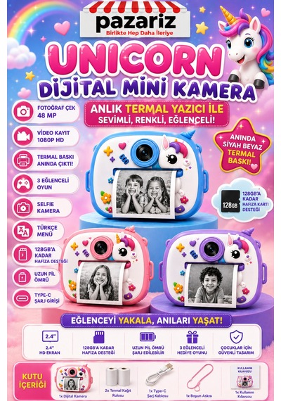 Çocuk Dijital Kamera Unicorn Sevimli At Temalı Termal Yazıcılı 2.4 İnç Ekran Fotoğraf Video Selfie 3 Oyunlu Anında Baskı Makinesi Print Kamera Çift Kamera, Silikon Kılıf Çocuk Dijital Kamera Unicorn Sevimli At Temalı Termal Yazıcılı 2.4 İnç Ekran Fotoğraf Video Selfie 3 Oyunlu Anında Baskı Makinesi Print Kamera Çift Kamera, Silikon Kılıf