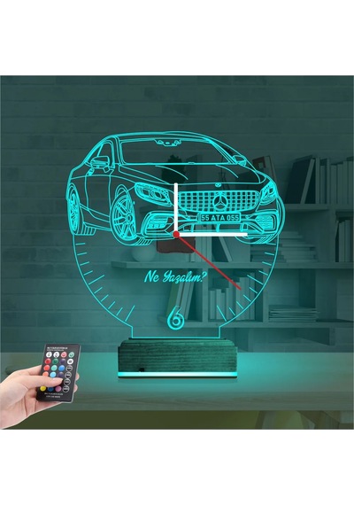 Luvivia Mercedes Araba Kişiye Özel Saatli 3d Lamba - Masa Gece Lambası Şeffaf