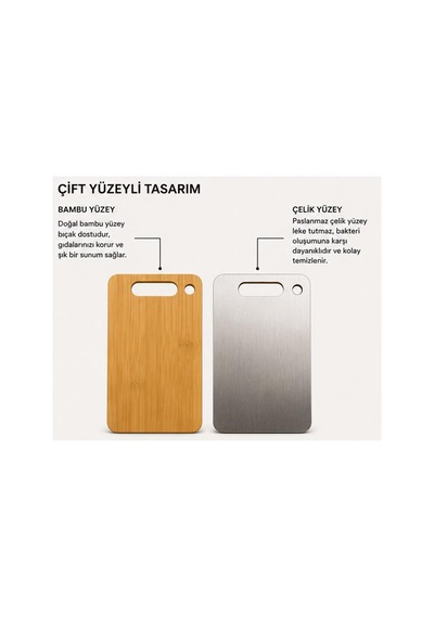 Çift Taraflı Bambu Çelik Kesim Panosu, Kesme Tahtası Kahverengi