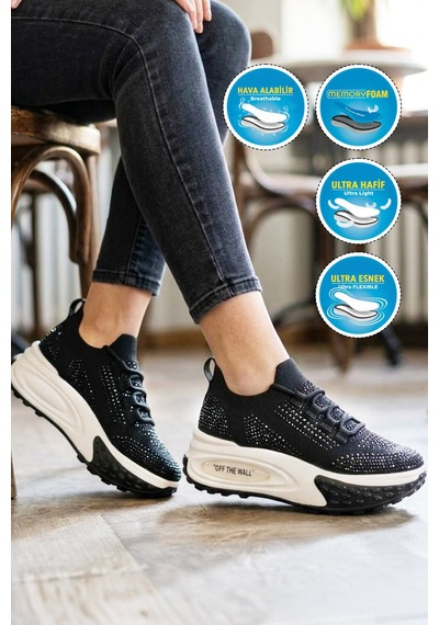 Voyager Siyah Anorak Örme Bağcıklı Taş Detaylı Kadın Casual Yürüyüş Ayakkabı B029