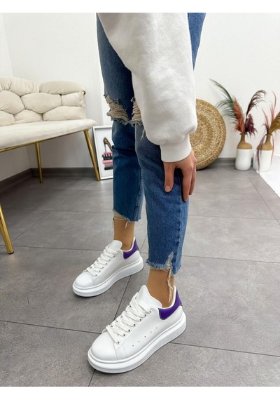 Erva'nın Butiği Beyaz Mor Queen Kadın Bağcıklı Sneakers-5025 Beyaz Mor Cilt