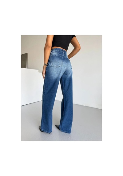 Kene Jeans Yüksek Bel Mavi Ön İşlemli Wide Leg Bol Paça Jeans Pantolon Mavi İşlemli